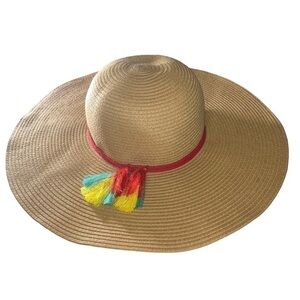 Serra floppy boho wide brim straw beachy vacation spring break hat with tassels.